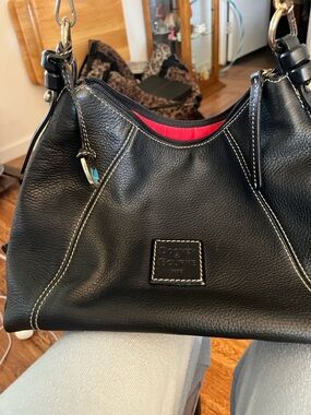 Dooney & Bourke Black Pebble Leather Shoulder Bag with Red Lining